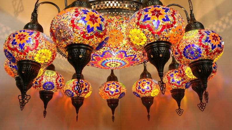 AMAZING Mosaic Chandelier Colored Turkish Lamp Unique Lanterns 11+1 Globe Ceiling Pendant Moroccan Decor Light Christmas Gift Free Shipping