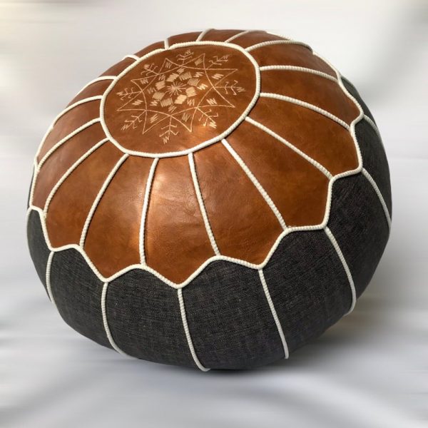 Boho Rattan Moroccan pouf- Vegan leather- bohemian living room decor- ottoman footstool- round & large pouf- unstuffed