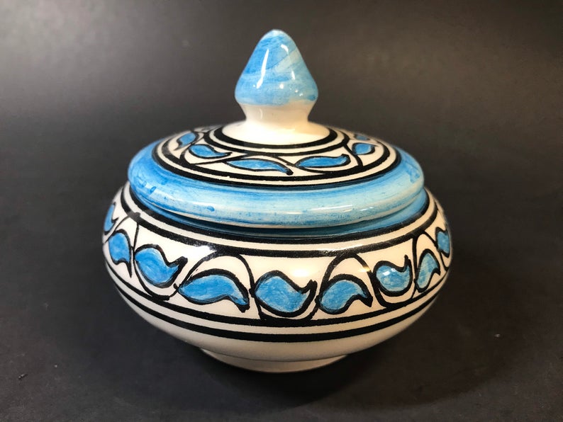 Small Moroccan Ceramic Blue Geometric Blue Handpainted & Handcrafted 