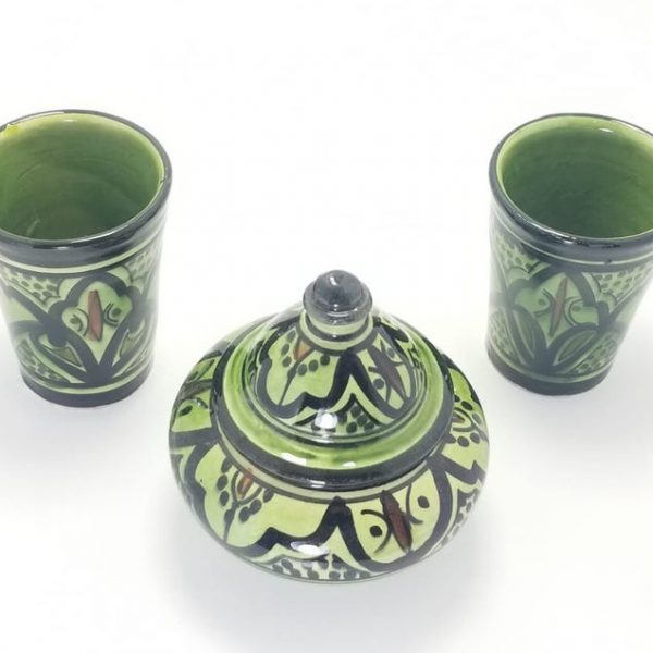 Two Moroccan Pottery Cups/Mugs with its Matching Cookie/Candy Jar, Handcrafted and Painted in Marrakech