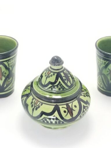 Two Moroccan Pottery Cups/Mugs with its Matching Cookie/Candy Jar, Handcrafted and Painted in Marrakech