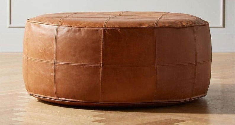 Moroccan Round Leather Pouf Cover Handmade , Round Leather Pouf Tan , Unstuffed Pouf ,Poufs Footstool, luxury ottomans footstools