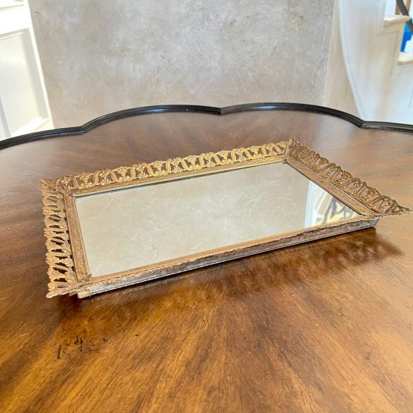 Large 15” Vintage Brass Filigree Vanity/Dresser Mirror Tray