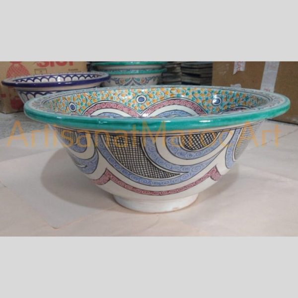 Round Moroccan ceramic sink for bathroom and kitchen-brass faucet for bathroom-vessel wash basin