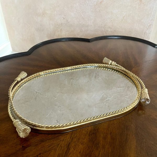 Vintage Brass Ormolu Oval 13.5” Mirrored Dresser Tray; Brass Rope Mirror Vanity Tray