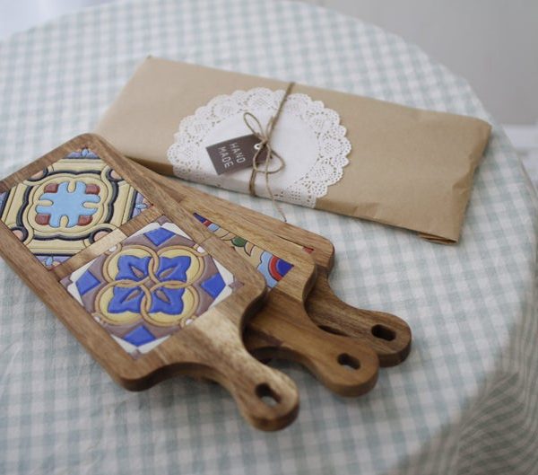 Rustic Rectangle Bread Board with Moroccan Ceramic Tiles