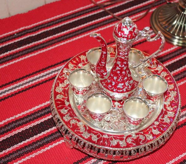 Serving Dish Tray Copper with brass Kettle With And handle kettle brass colors silver & red handmade kitchen home coffee Arabic 6 Pcs cup