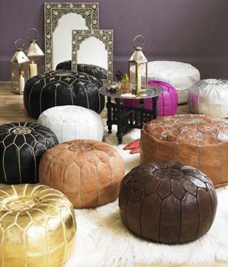2 set of Moroccan POUF - 40% OFF - with White Stitching Leather Ottoman Pouf Moroccan Leather Pouf Moroccan Pouffe