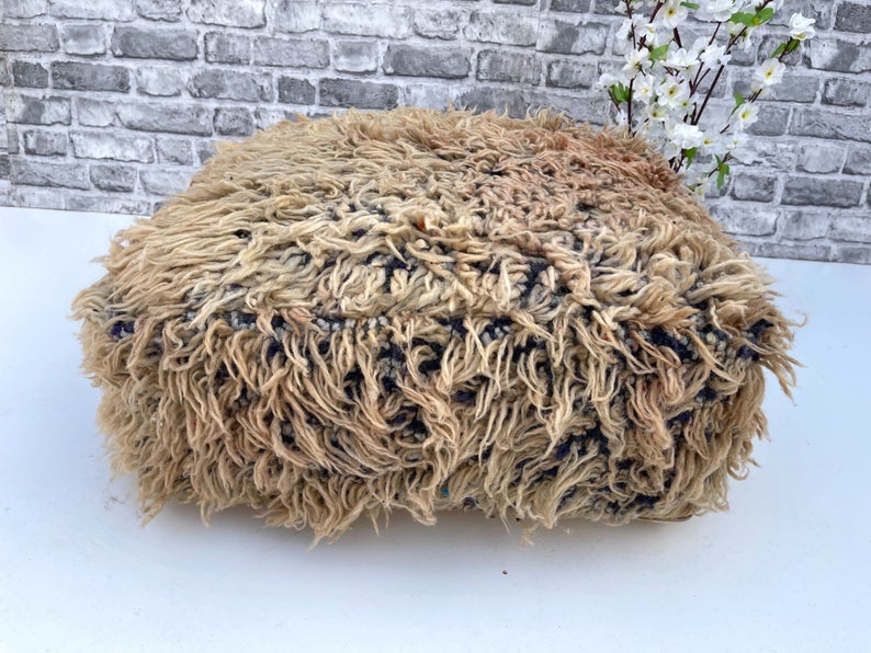 Unique Floor Cuhsion - Area Cushion Boujaad - moroccan Pouf Wool Moroccan Cushion - Handmade vintage Pouf - Beniourain Rug - old Rug