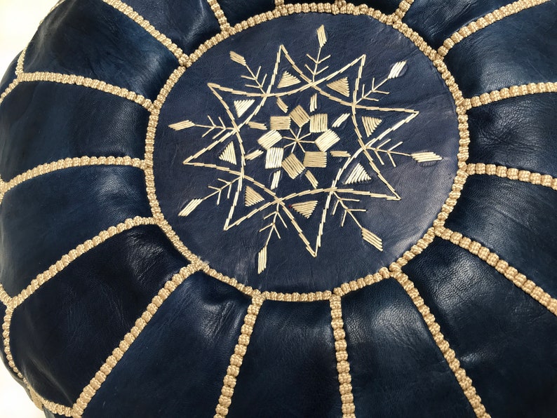 Blue Moroccan pouf - Embroidered Leather Pouf