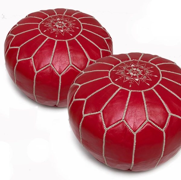 Red Moroccan pouf - Moroccan Leather Pouf