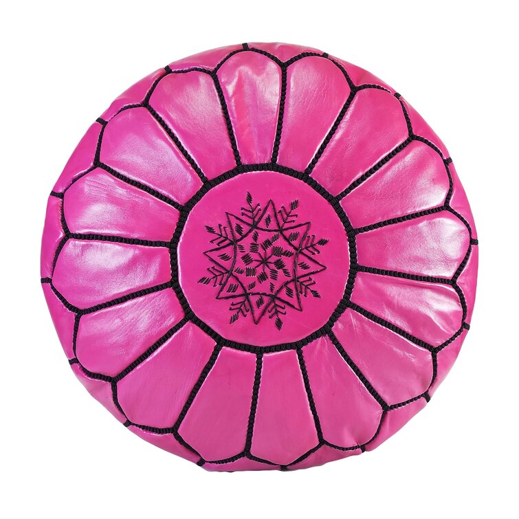 Embroidered Hot Pink Moroccan Leather Pouf