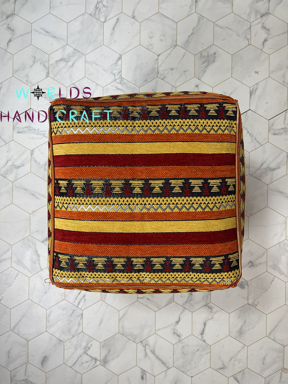 Handmade Tissu Leather  Moroccan Square Pouf