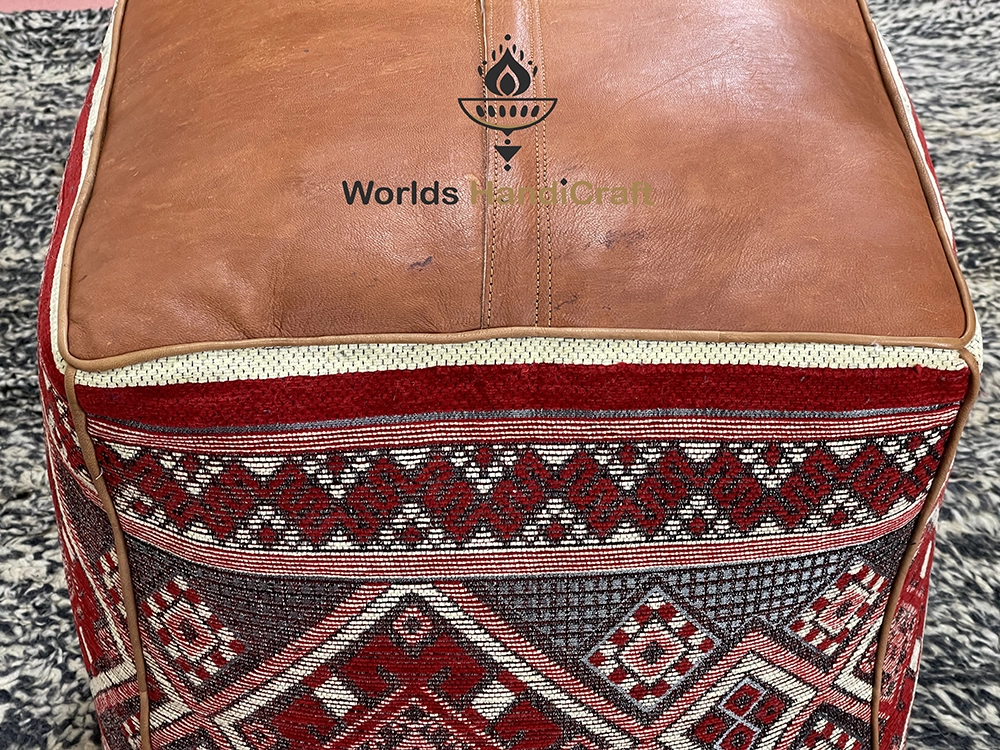 Moroccan Leather Square Tissu Pouf