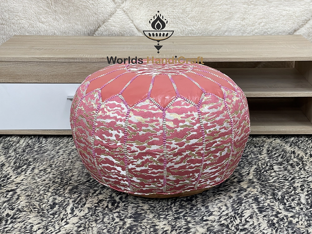 Tissu Leather Pink Moroccan pouf