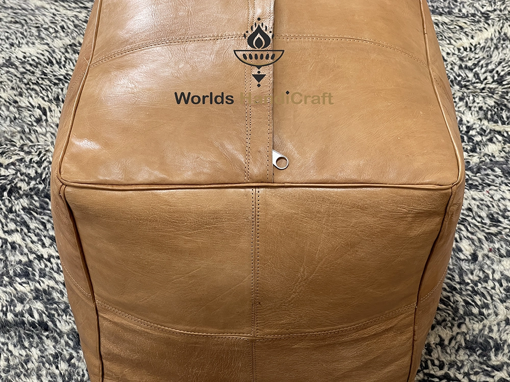 Moroccan Tissu Leather Square Pouf Ottoman