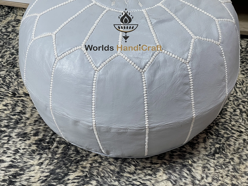 A34 | Embroidered  Pink Moroccan Leather Pouf