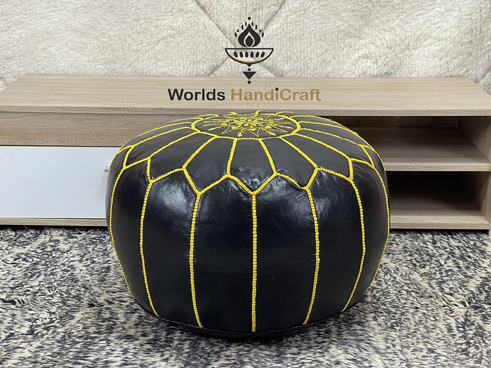 A31 | Luxury Black Pouf | Embroidered Black Leather Ottoman
