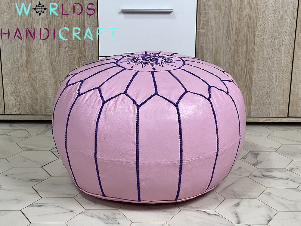 A34 | Embroidered  Pink Moroccan Leather Pouf