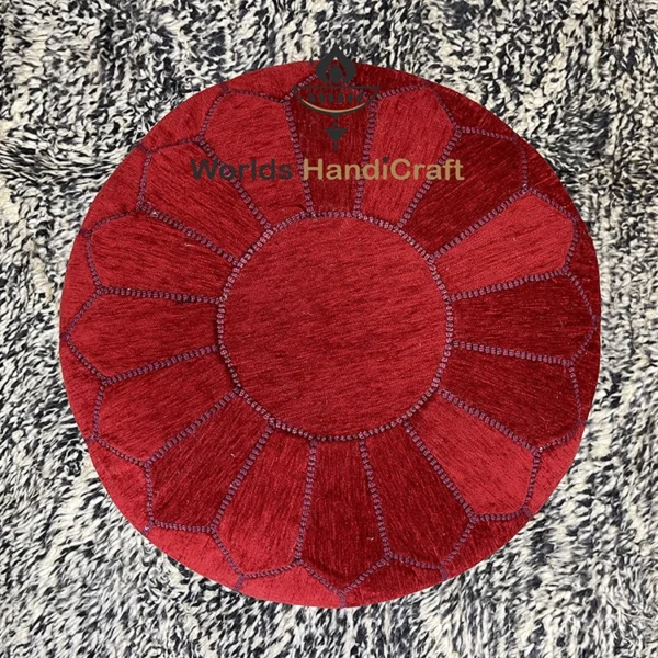 Red Moroccan Leather Pouffe : Leather Pouf Hand-Woven Leather
