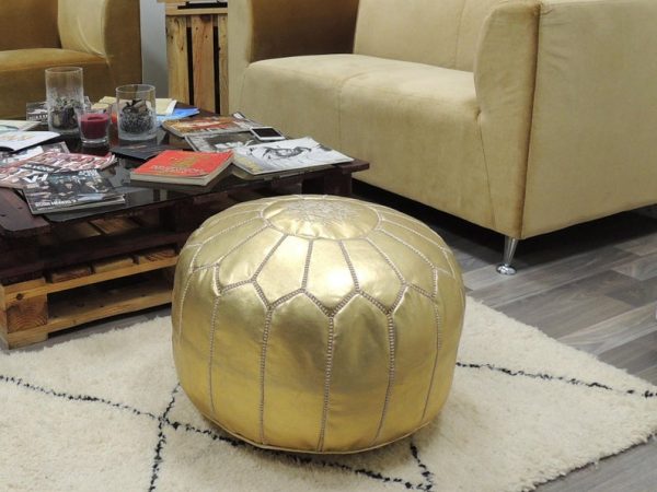 Gold leather pouf,moroccan handcrafted leather pouf, ottoman leather pouf