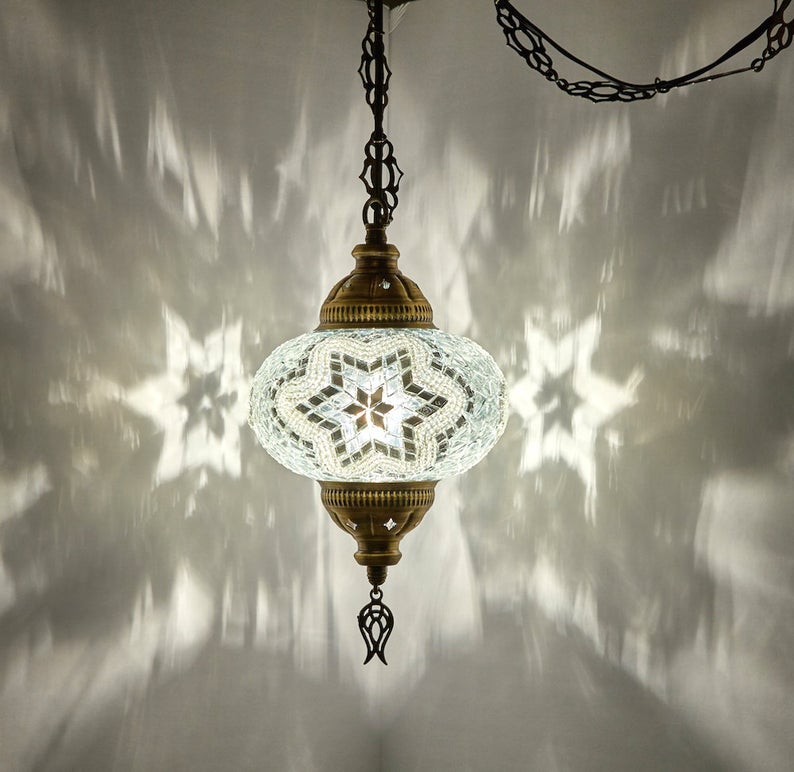 8 Colors - SWAG PLUG IN Turkish Moroccan Mosaic Hanging Ceiling Lamp with 15feet Chain Cord & Plug