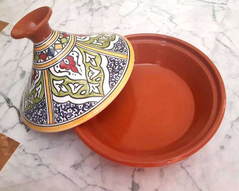 Hand Painted Large Tagine Pot | Food Safe | Yellow Green Blue | Clay Ceramic Glazed Moroccan Tunisian Berber Traditional Cookware Tableware