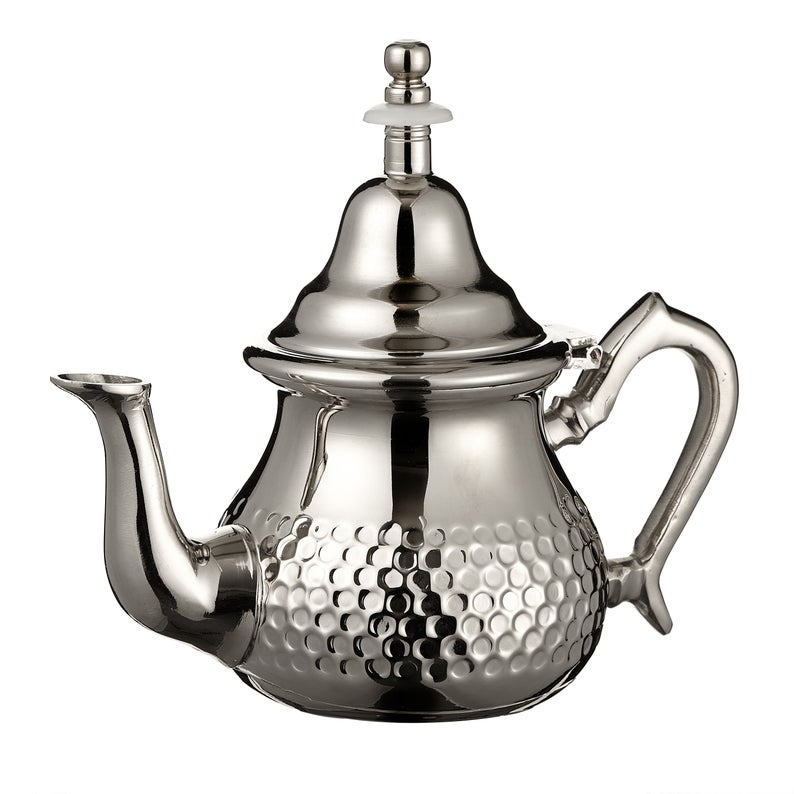 Moroccan Silver Teapot Hammered Small with 2 Tea Glasses and Handle Cover Handmade