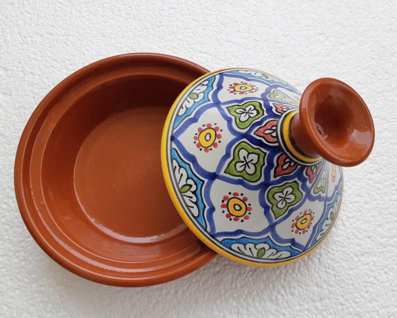 Hand Painted Small Tagine Pot | Food Safe | Colourful Sun Green Yellow | Clay Ceramic Glazed Moroccan Tunisian Berber Traditional Cookware