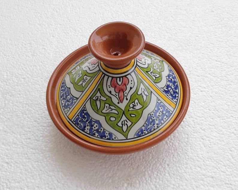 Hand Painted Small Tagine Pot | Food Safe | Yellow Green Blue Colourful | Clay Ceramic Glazed Moroccan Tunisian Berber Traditional Cookware