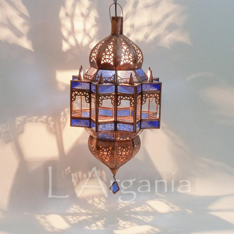 Moroccan Pendant Lantern, Moroccan Lighting , Handmade Lamp , Home decor lighting , Galvanised Light fixture , Free US Shipping , Blue color