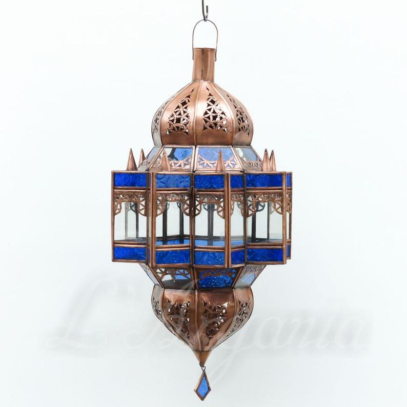 Moroccan Pendant Lantern, Moroccan Lighting , Handmade Lamp , Home decor lighting , Galvanised Light fixture , Free US Shipping , Blue color