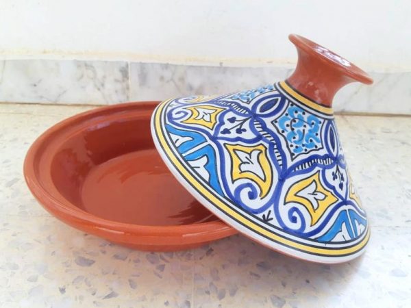 Hand Painted Medium Tagine Pot | Food Safe Blue Yellow White | Clay Ceramic Glazed Moroccan Tunisian Berber Traditional Cookware Tableware