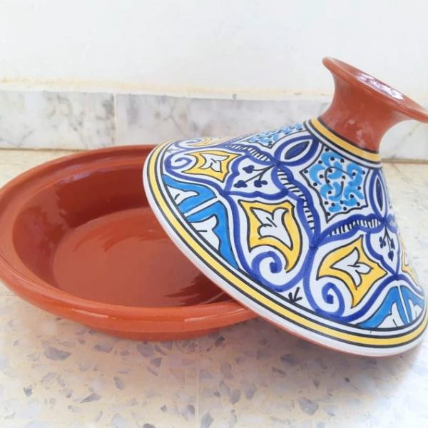 Hand Painted Medium Tagine Pot | Food Safe Blue Yellow White | Clay Ceramic Glazed Moroccan Tunisian Berber Traditional Cookware Tableware