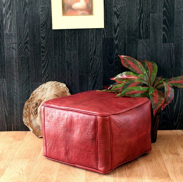 Square Leather Pouf | Moroccan Pouf | Footstool | Ottoman Pouf | Leather Pouf | Handmade Pouf Leather | Red Pouf | Leather Chair