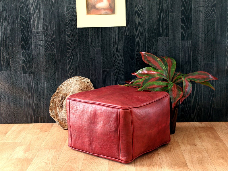 Square Leather Pouf | Moroccan Pouf | Footstool | Ottoman Pouf | Leather Pouf | Handmade Pouf Leather | Red Pouf | Leather Chair