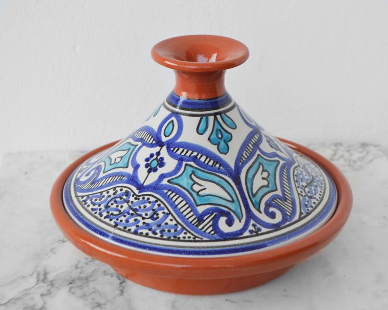 Hand Painted Small Tagine Pot | Food Safe | Blue & White | Clay Ceramic Glazed Moroccan Tunisian Berber Traditional Cookware Tableware