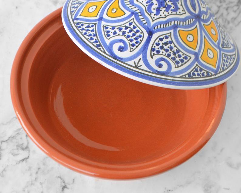 Hand Painted Medium Tagine Pot | Food Safe Blue White Yellow | Clay Ceramic Glazed Moroccan Tunisian Berber Traditional Cookware Tableware