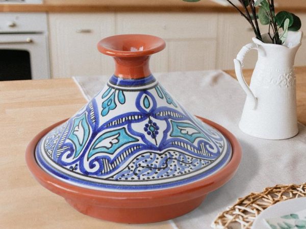 Hand Painted Small Tagine Pot | Food Safe | Blue & White | Clay Ceramic Glazed Moroccan Tunisian Berber Traditional Cookware Tableware