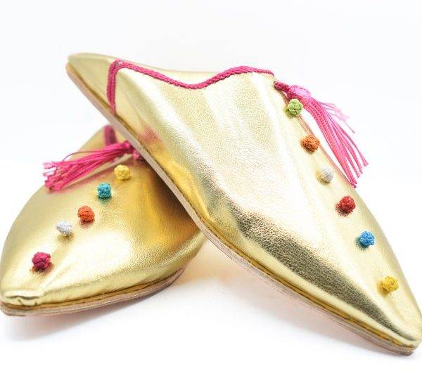 Moroccan pompom slippers, Bedroom slippers women, Leather mules for women