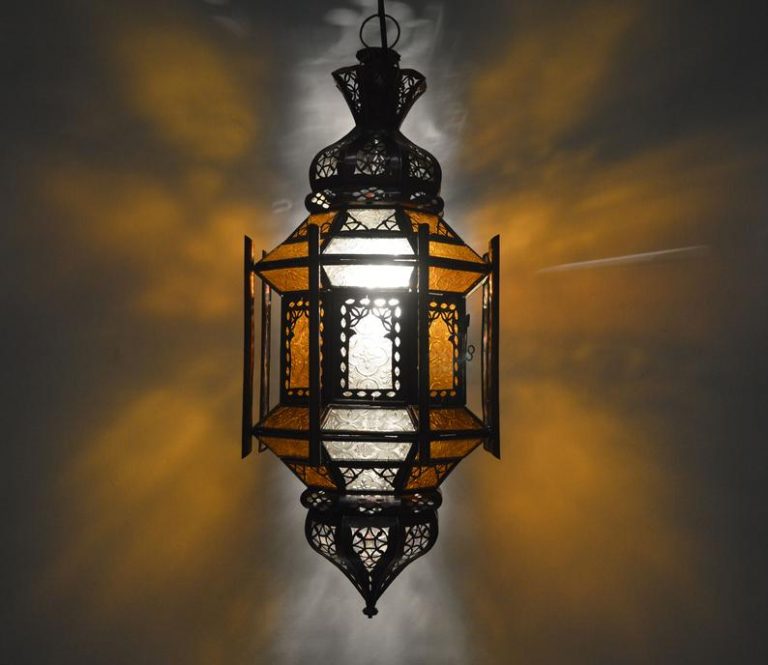 Moroccan Ceiling Lantern 8 Pillars lampshade - Amber & Clear Glass - 55Cm -