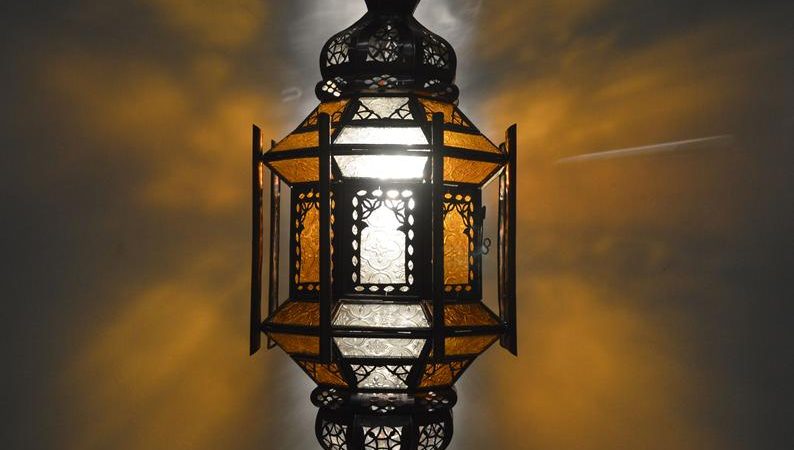 Moroccan Ceiling Lantern 8 Pillars lampshade - Amber & Clear Glass - 55Cm -