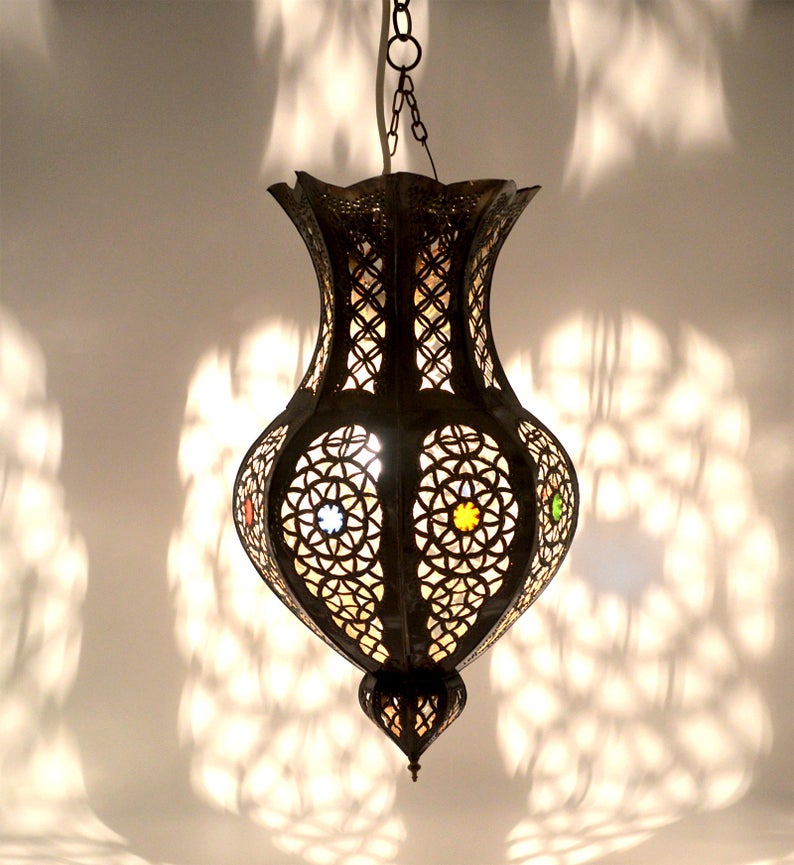 Antique Brass Belly shape Moroccan Ceiling Lantern In Hand Pierced Tin - H45 Ø25 cm