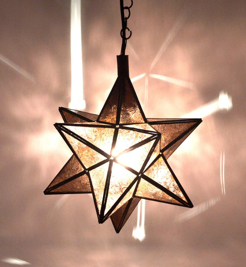 Antique Brass Moroccan Ceiling Lantern Star light grey glass Di 45 Cm -
