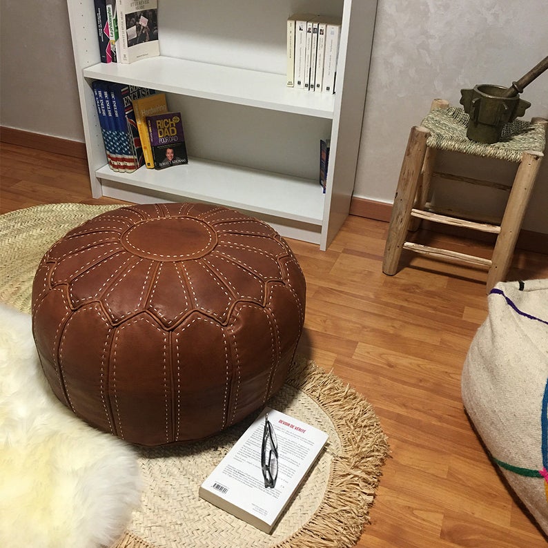 Moroccan Round Leather Pouf Brown Stitched With Hand, Premium Goat Leather Footrest, Pouf footstool, Moroccan Round Pouf (Unstuffed)