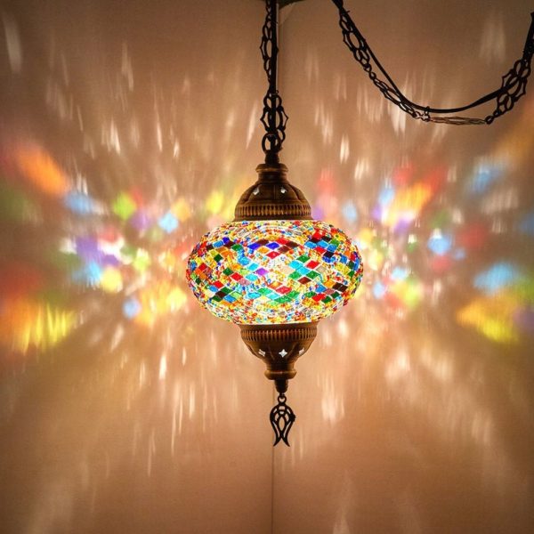 8 Colors - SWAG PLUG IN Turkish Moroccan Mosaic Hanging Ceiling Lamp with 15feet Chain Cord & Plug