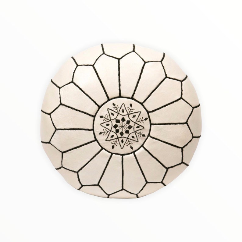 Embroidered Beige Leather Moroccan Pouf