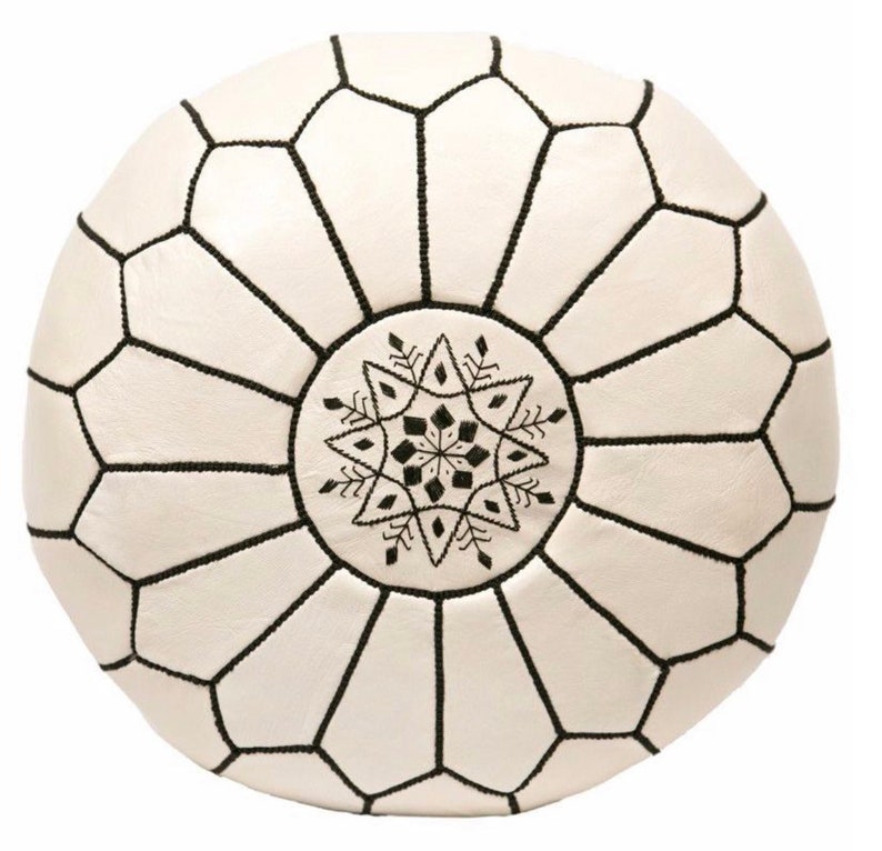Embroidered Beige Leather Moroccan Pouf