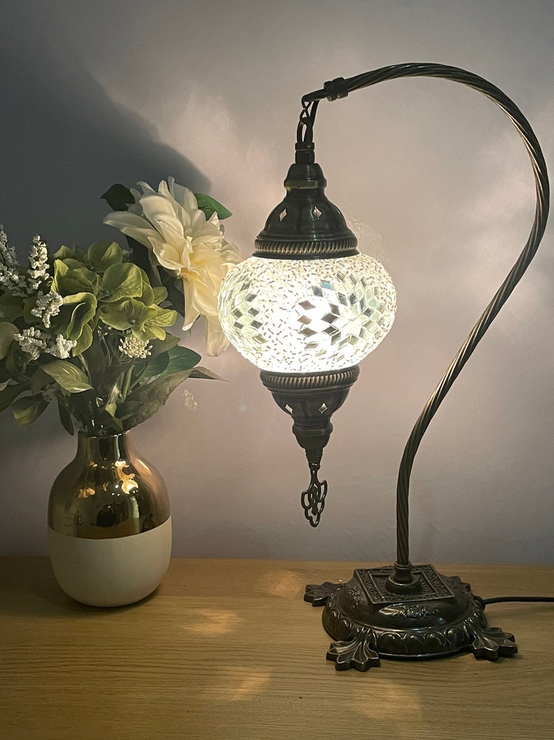 FAST DELIVERY FREE Shipment Turkish Moroccan Mosaic White Swan Neck Desk Table Lamp Light