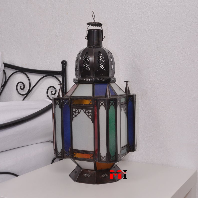 Moorish Design Genuine Moroccan Aged Metal/Stained Glass Table Lamp/Floor Lamp/Chandelier